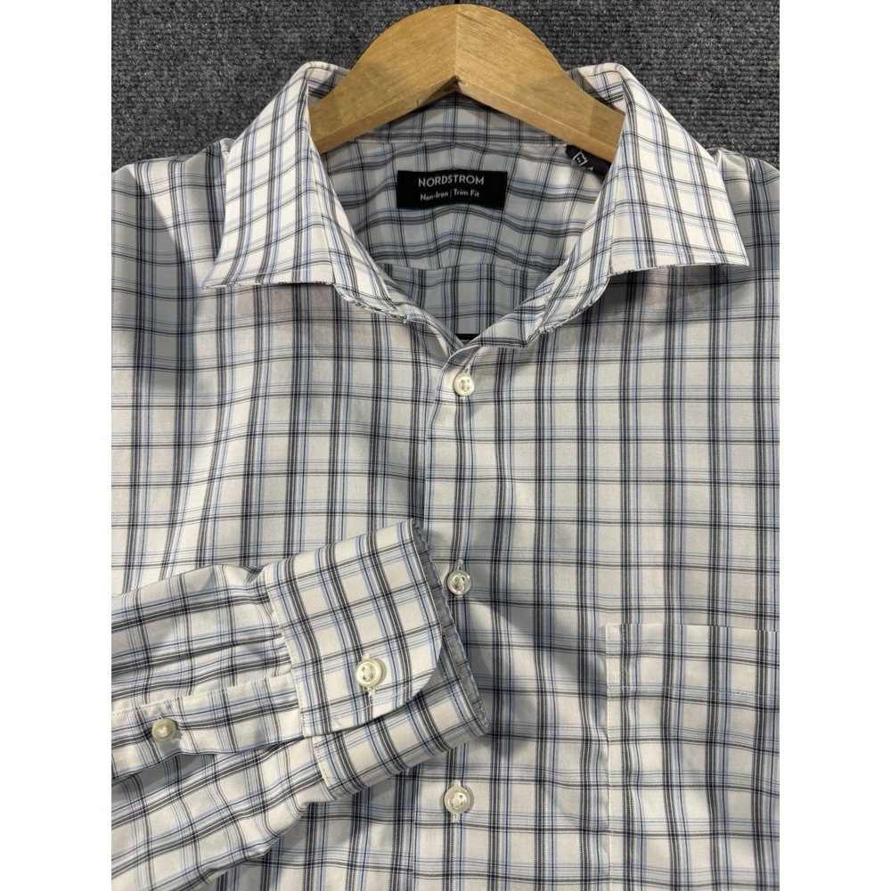 Nordstrom Men's Shop Blue Check Trim Fit Dress Shirt 17.5 36-37 Smartcare